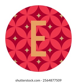 A decorative circular vector featuring the letter “E” centered within a red floral-inspired geometric motif, creating a luxurious and artistic visual appeal for various uses.