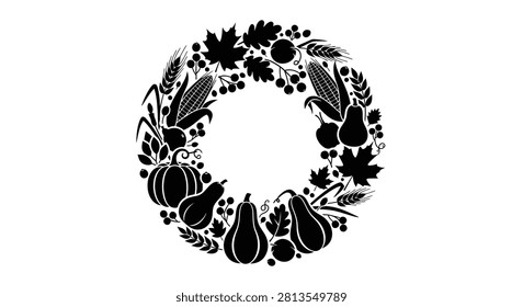 A decorative circular wreath silhouette composed of pumpkins, squashes, corn, autumn leaves, and wheat, isolated on a white background.