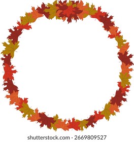 Decorative circular wreath of stylized maple autumn leaves in shades of red, orange, and green. Hand drawn graphic frame, ideal for seasonal invitations, branding, or digital holiday cards.