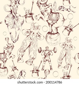 Decorative circus clown fairy wand magic miracles vintage wrap paper seamless retro pattern doodle sketch vector illustration