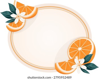 Decorative citrus frame with orange slices, blossoms, and leaves surrounding a circular copy space area. Suitable for labels, packaging, invitations, menus, and promotional graphics.