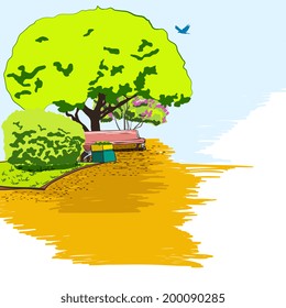 Decorative city park deciduous foliage tree with garden bench and yellow sand path poster sketch vector illustration