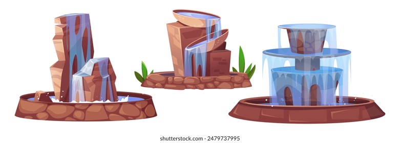 Decorative city park or garden fountain with falling water. Architectural sculpture cascade waterfall with stream and splashes. Cartoon vector illustration set of summer town exterior aqua decor.