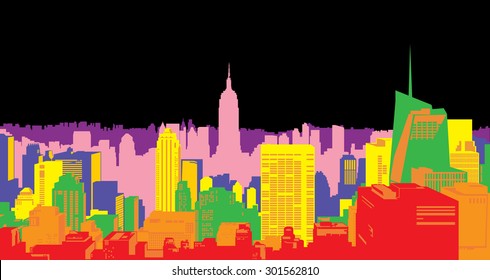 Decorative city skyline background urban buildings night rainbow