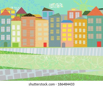 decorative cityscape with a houses and a part of the street