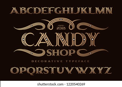 Decorative classic typeface named "Candy shop" with elegant ornate swashes