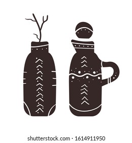 Decorative clay bottles with ornament. Simple illustrations of antique tableware in scandinavian style Isolated dishes silhouette