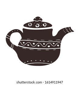 Decorative clay teapot with ornament. Simple illustrations of antique tableware in scandinavian style Isolated dishes silhouette