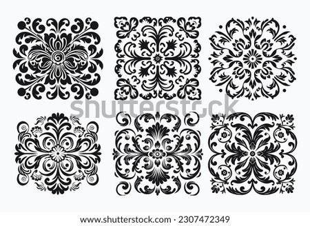 decorative clip art with an ornate pattern, in the style of bold stencil, classicist, realistic yet stylized, stencil-based, decorative arts, the aesthetic movement, black and white art 