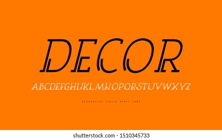 Decorative clip italic serif font. Letters and numbers for logo and title design. Print on orange background