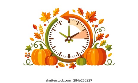 A decorative clock surrounded by fall pumpkins and colorful autumn leaves representing the end of daylight saving time