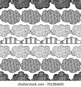 Decorative clouds. Black and white illustration, seamless pattern for coloring book, pages. Vector