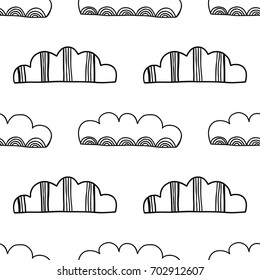 Decorative clouds. Black and white illustration, seamless pattern for coloring book, pages. Vector