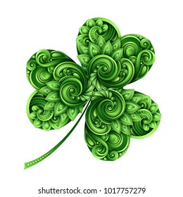 Decorative Clover Leaf Talisman. Colored Doodle St Patrick Day Design Element. Elegant Natural Motif with Triskel Celtic Symbol. Greeting Card Ornaments. Vector 3d Illustration. Abstract Ornate Art