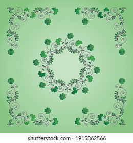 Decorative clover. Shamrock, quatrefoil. Traditional irish symbol. Set. Round frame, openwork corners for St. Patricks Day with place for text. Talisman or lucky charm. Vector illustration.