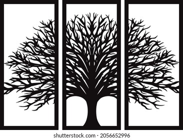 Decorative CNC Laser Cut MDF Large Winter Tree, Decorative wall panel, Decorative laser cut part of tree, Decorative laser cutting wall panel vectorial, 3 panels wall art frame laser cutting template