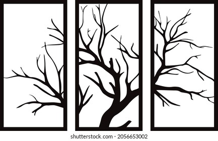 Decorative CNC Laser Cut MDF Large Winter Tree, Decorative wall panel, Decorative laser cut part of tree, Decorative laser cutting wall panel vectorial, 3 panels wall art frame laser cutting template