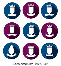 Decorative coat of arms, protection theme symbols. Heraldry, stylish award design elements isolated on white. 