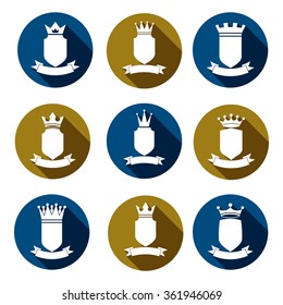 Decorative coat of arms, protection theme symbols. Heraldry, vector stylish award design elements isolated on white. 