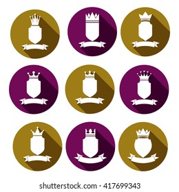 Decorative coat of arms, protection theme symbols. Heraldry vector design elements isolated on white. 