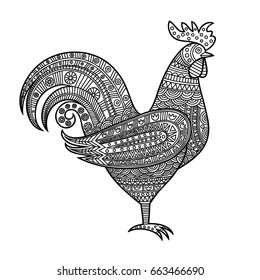 Decorative cock. Silhouette of a rooster on a white background. Black and white image.