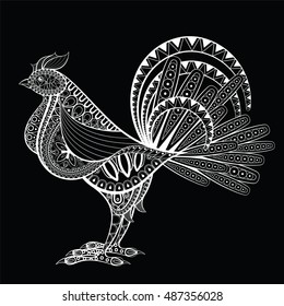 Decorative Cock, symbol of New Year 2017. Hand Drawn Vector illustration in zentangle style. Sketch for adult anti stress coloring pages, tattoo, New Year posters and greeting cards. Bird collection