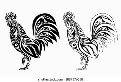 Decorative cockerel. Stylized rooster decorated with floral ornament. Cock isolated on a white background.