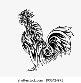 Decorative cockerel. Stylized rooster decorated with floral ornament. Cock isolated on a white background.