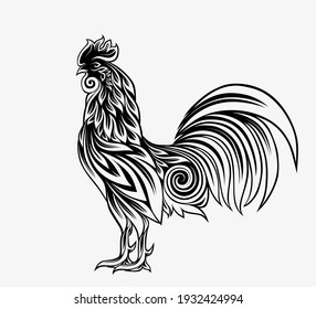 Decorative cockerel. Stylized rooster decorated with floral ornament. Cock isolated on a white background.