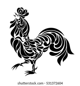 Decorative cockerel. Stylized rooster decorated with floral ornament. Cock isolated on a white background.

