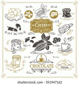 Decorative cocoa schocolate design set. Calligraphic elements, page decoration and vintage frames.