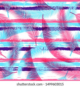 Decorative coconut palm leaves tree branches over painted stripes seamless pattern design. Bali forest foliage summer fashion print. Tropical leaves and stripes seamless.