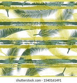 Decorative coconut palm leaves tree branches over painted stripes seamless pattern design. Brazilian exotic foliage summer fashion print. Tropical leaves silhouettes wallpaper.