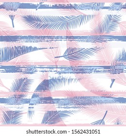 Decorative coconut palm leaves tree branches over painted stripes seamless pattern design. Polynesian exotic foliage summer fashion print. Tropical leaves silhouettes wallpaper.