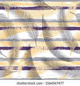 Decorative coconut palm leaves tree branches overlaying stripes vector seamless pattern. Caribbean forest foliage summer fashion print. Tropical leaves silhouettes wallpaper.