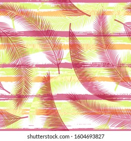 Decorative coconut palm leaves tree branches over painted stripes seamless pattern design. Madagascar jungle foliage swimwear textile print. Tropical leaves and stripes seamless.