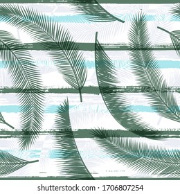 Decorative coconut palm leaves tree branches overlapping stripes vector seamless pattern. Brazilian jungle foliage swimwear textile print. Geometric floral tropical leaves seamless.