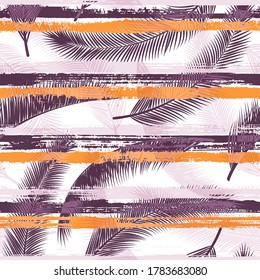 Decorative coconut palm leaves tree branches over painted stripes seamless pattern design. Brazilian jungle foliage swimwear textile print. Stripes and tropical leaves illustration.