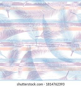 Decorative coconut palm leaves tree branches overlaying stripes vector seamless pattern. Madagascar exotic foliage beach fashion fabric print. Tropical leaves silhouettes wallpaper.
