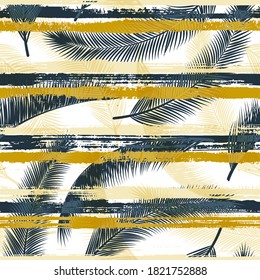 Decorative coconut palm leaves tree branches overlapping stripes vector seamless pattern. Bali jungle foliage swimwear textile print. Stripes and tropical leaves illustration.