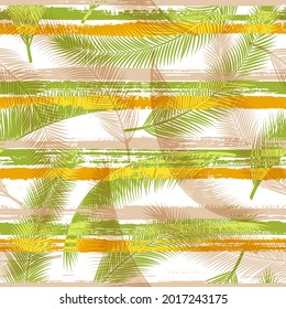 Decorative coconut palm leaves tree branches overlapping stripes vector seamless pattern. Bali jungle foliage beach fashion fabric print. Floral tropical leaves seamless design.