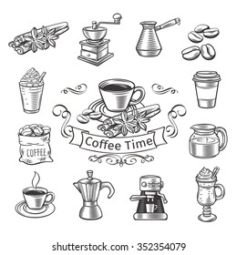 Decorative coffee icons set.  Vintage design vector illustration.