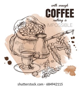 Decorative coffee poster, vintage engraved hand drawn vector illustration, with watercolor coffee stains and drops on background.