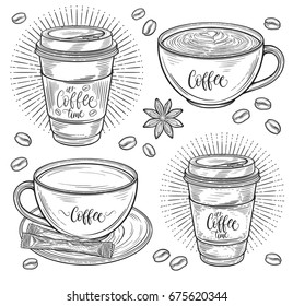 Decorative coffee set. Americano, latte, cappuccino cup, coffee beans. Isolated on white background. Hand drawn in lines vector illustration