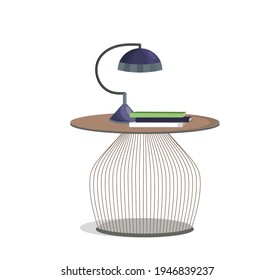 Una mesa baja decorativa con una lámpara para leer libros. Una pila de libros, una lámpara, una mesa. Un elemento interior. Diseño, diseño, ilustración, impresión. Ilustración vectorial.
