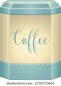 Uma lata de café decorativa ou recipiente ilustrado em um estilo vintage, com um corpo amarelo-bege claro com um topo e parte inferior azul-verde macio. A palavra "Café" é exibida em uma fonte de script elegante, dando ao design um clássico retro estético ideal para decalques, sinalização, café branding, e gráficos vetoriais.