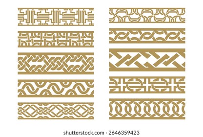 Decorative collection of abstract vector ribbons and ornamental borders. Ten seamless golden frames in artistic hand-drawn style.