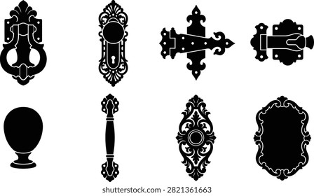 A decorative collection of black vintage door hardware silhouettes featuring a door knocker, keyhole plate, strap hinge, slide bolt, knob, pull handle, and ornamental escutcheons. Suitable for architectural branding, restoration projects, hardware catalogs, signage, logos, and vintage-themed designs.
