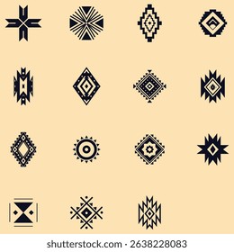 A decorative collection of Navajo-inspired tribal motifs and geometric patterns. Featuring symmetrical shapes, ethnic symbols, and cultural art elements—perfect for Southwestern-style designs, present