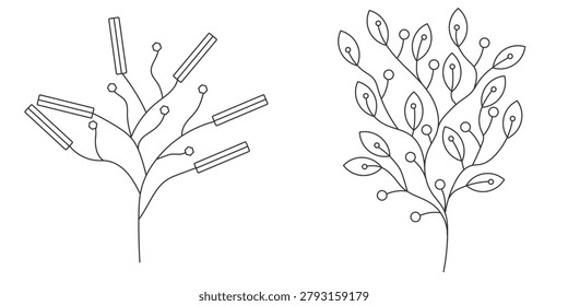 A decorative collection of wild plant illustrations featuring minimalist branches and delicate leaf arrangements. Excellent for invitations, artisan branding, packaging graphics, social media templates, and editorial decoration.
